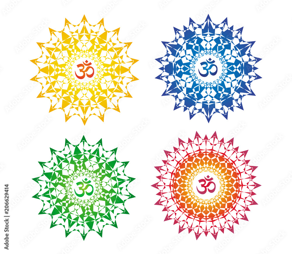 Mandala with the sign of Aum (Om, Ohm). Openwork delicate ornament. In red, purple, green, blue, orange and yellow tones. Vector graphics. Mandala with the sign of Aum (Om, Ohm). Openwork delicate ornament. In red, purple, green, blue, orange and yellow tones. Vector graphics.