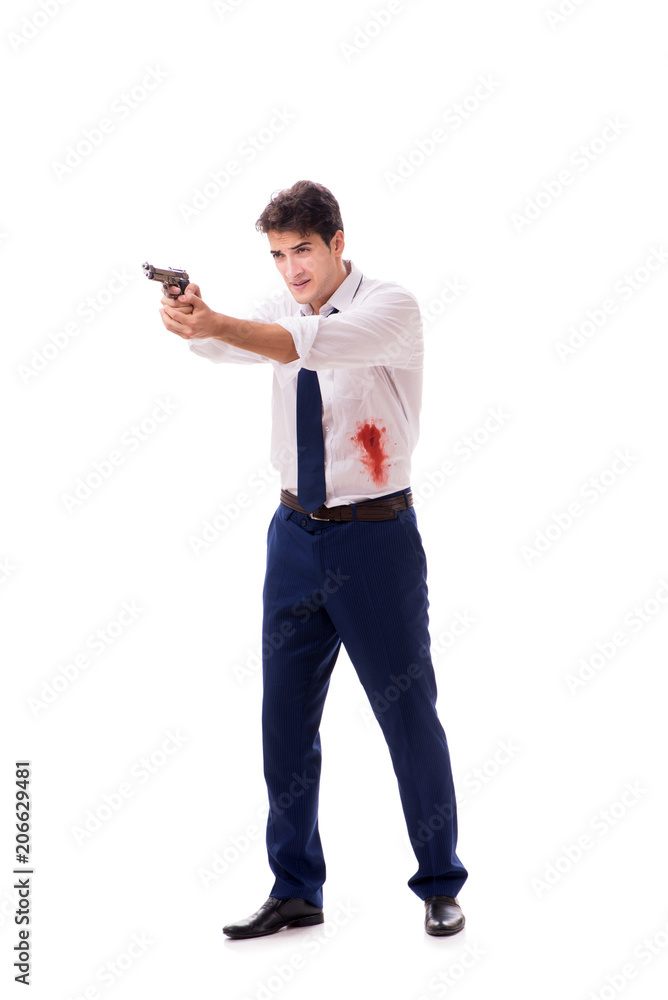 Businessman wounded in gun fight isolated on white Businessman wounded in gun fight isolated on white