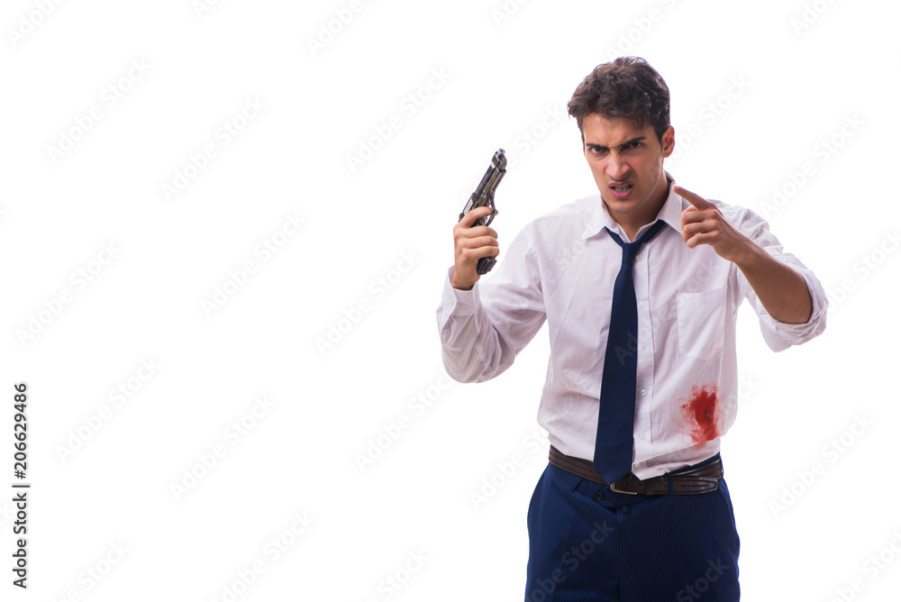 Businessman wounded in gun fight isolated on white Businessman wounded in gun fight isolated on white