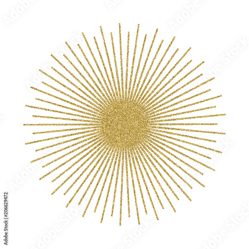 Abstract golden sunburst on white background. Vintage sun burst design element. Geometric shape, light ray