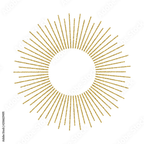 Abstract golden sunburst on white background. Vintage sun burst design element. Geometric shape, light ray. Vector illustration.