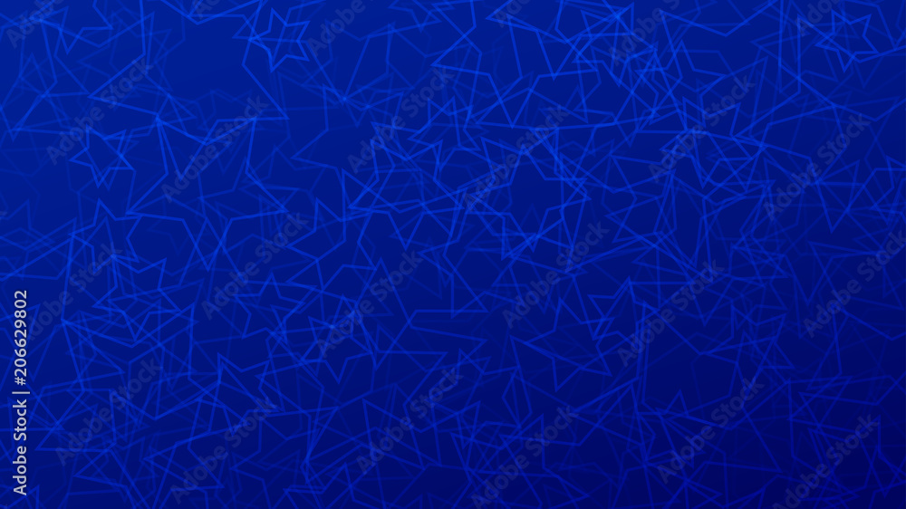 Abstract background of randomly arranged contours of stars in blue colors.