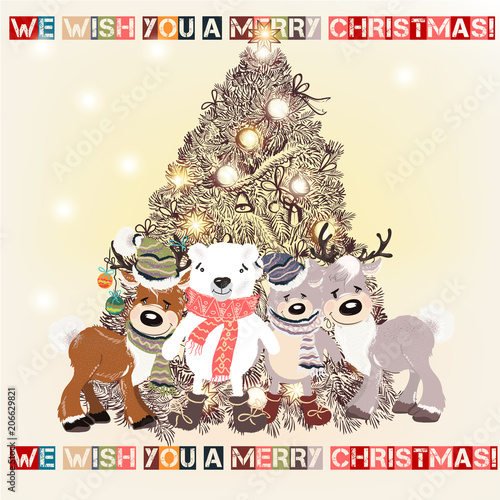 Fototapeta Naklejka Na Ścianę i Meble -  Christmas or New Year greeting card with hand drawn decorated Xmas tree and plush pretty toys
