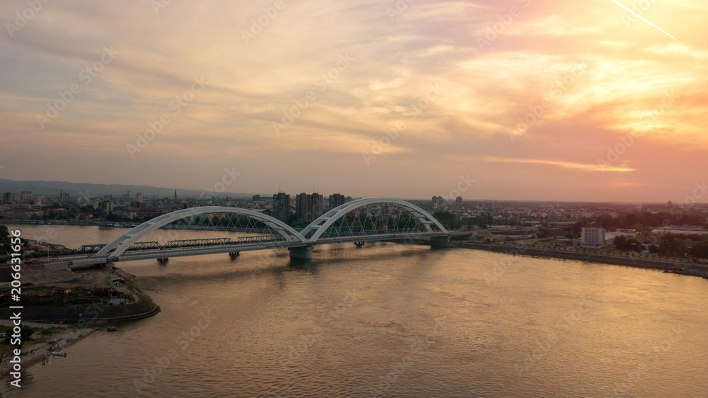 Beautiful drone shot of Novi Sad bridge at sunset Beautiful drone shot of Novi Sad bridge at sunset