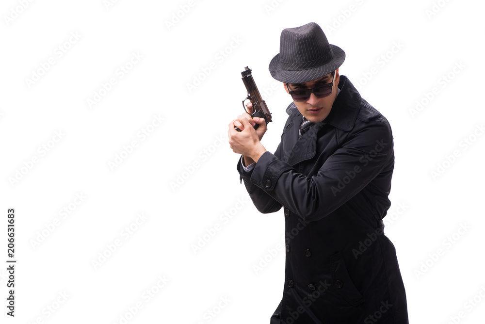 Man spy with handgun isolated on white background Man spy with handgun isolated on white background