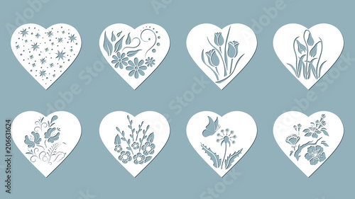 Set stencil hearts with Tulip, snowdrop, flower, butterfly, flower, star. Template for interior design, invitations, etc. Image suitable for laser cutting, plotter cutting or printing.