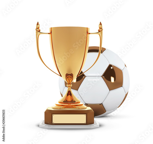 Realistic golden trophy Cup with gold ball. Winner Cup and football ball. Shiny golden 3d trophy awards on wooden shelf with soccer ball. Vector Illustration