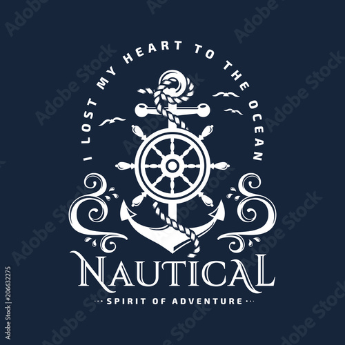 Nautical emblem with anchor, steering wheel and waves.