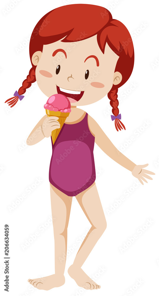 A Girl With Swimming Suite Eating Ice Cream A Girl With Swimming Suite Eating Ice Cream