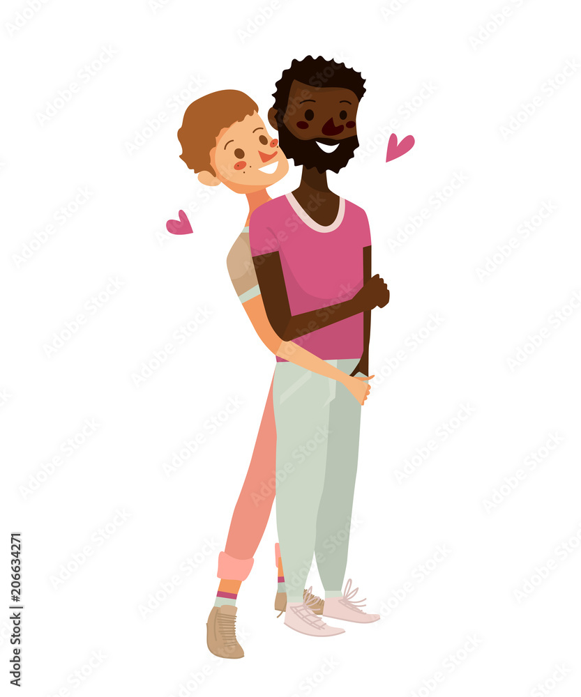 gay couple vector illustration. isolated cute homosexual boys on a white  background. cartoon character design of young white black gay teenagers.  lgbtg community people hugging and being in love. Stock Vector |