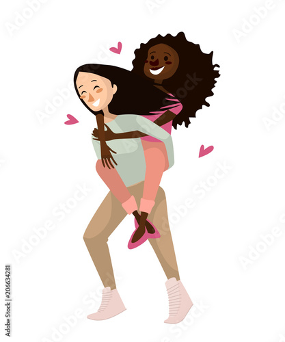 gay couple vector illustration. isolated cute homosexual girls on a white background. cartoon character design of young asian black lesbian teenagers. lgbtg community people hugging and being in love.