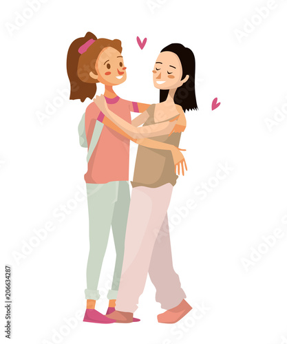 gay couple vector illustration. isolated cute homosexual girls on a white background. cartoon character design of young asian white lesbian teenagers. lgbtg community people hugging and being in love.