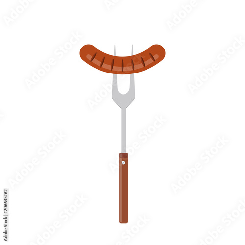 Sausage on barbecue fork. Grilled sausage. Vector illustration flat design. Isolated on white background.