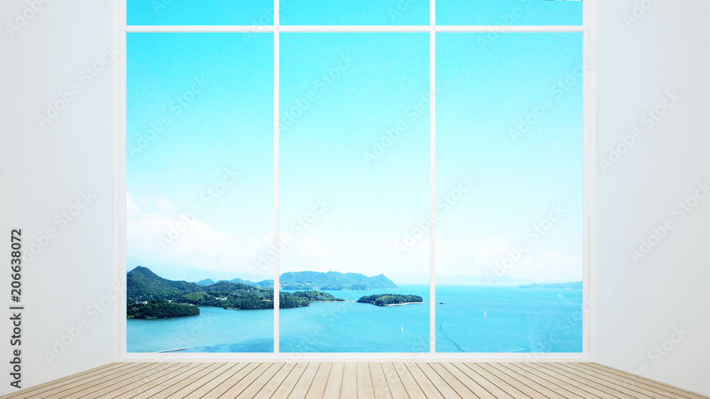 Empty room with sea view and bright sky in hotel or resort - Simple design artwork for summer - 3D Rendering