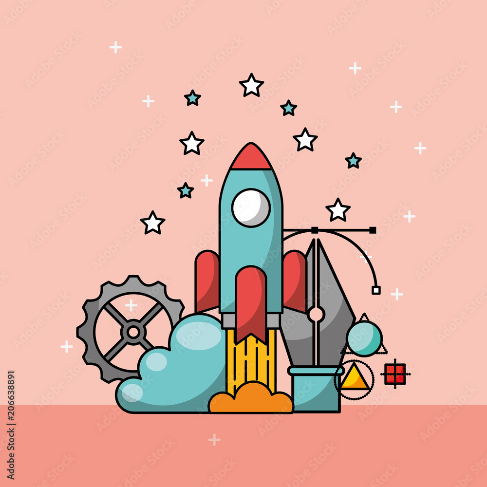 graphic design rocket startup gear creative process vector illustration