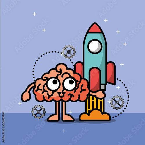 brain cartoon rocket launch creative process vector illustration