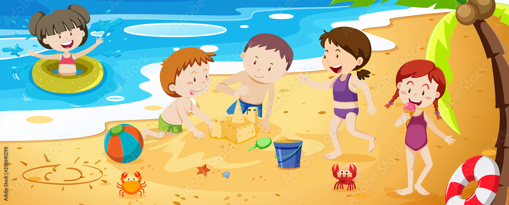 Fototapeta premium A Group of Kids Playing Next to the Beach