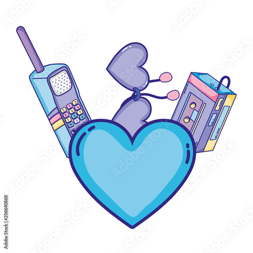 heart with walkman music player and telephone