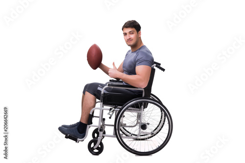 Football player recovering from injury on wheelchair