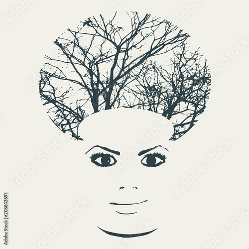 Face front view. Elegant silhouette of a female head. Portrait of a happy smiled woman. Double exposure. Tree branches as hair