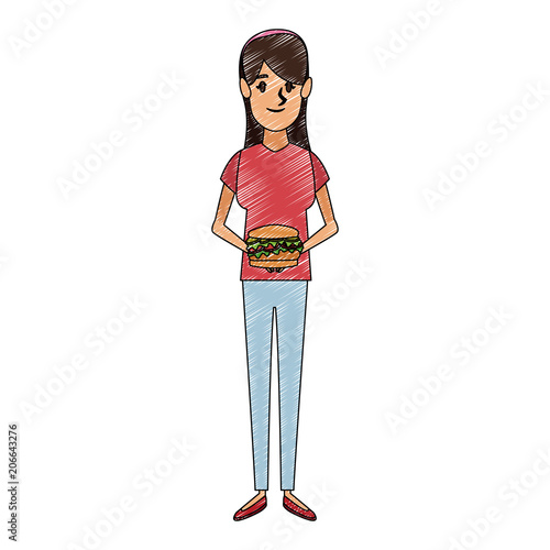 Woman with hamburger cartoon vector illustration graphic design