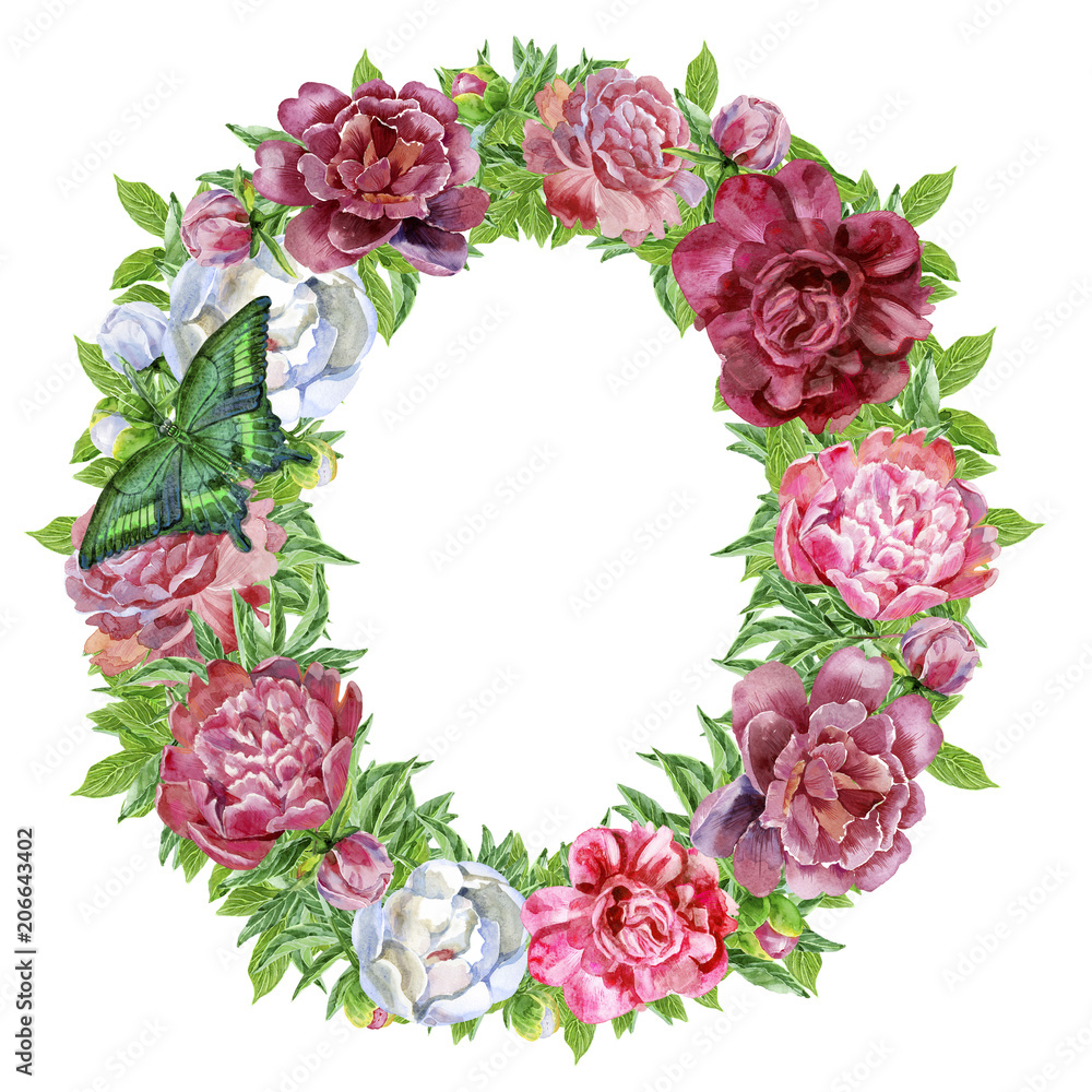 Letter O of watercolor flowers with butterfly Letter O of watercolor flowers with butterfly