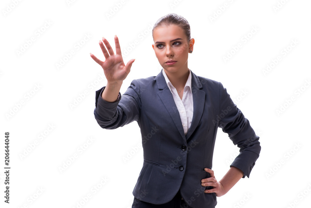 Young businesswoman pressing virtual button on white Young businesswoman pressing virtual button on white