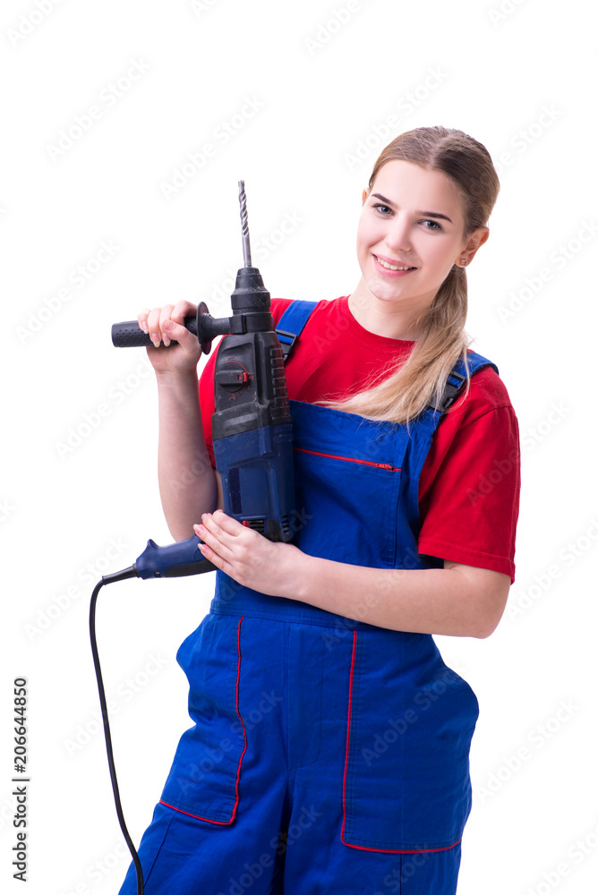 Young woman with power drill isolated on white Young woman with power drill isolated on white