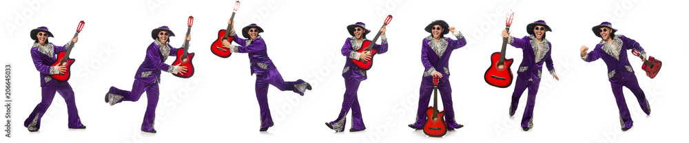Man in funny clothing holding guitar isolated on white Man in funny clothing holding guitar isolated on white