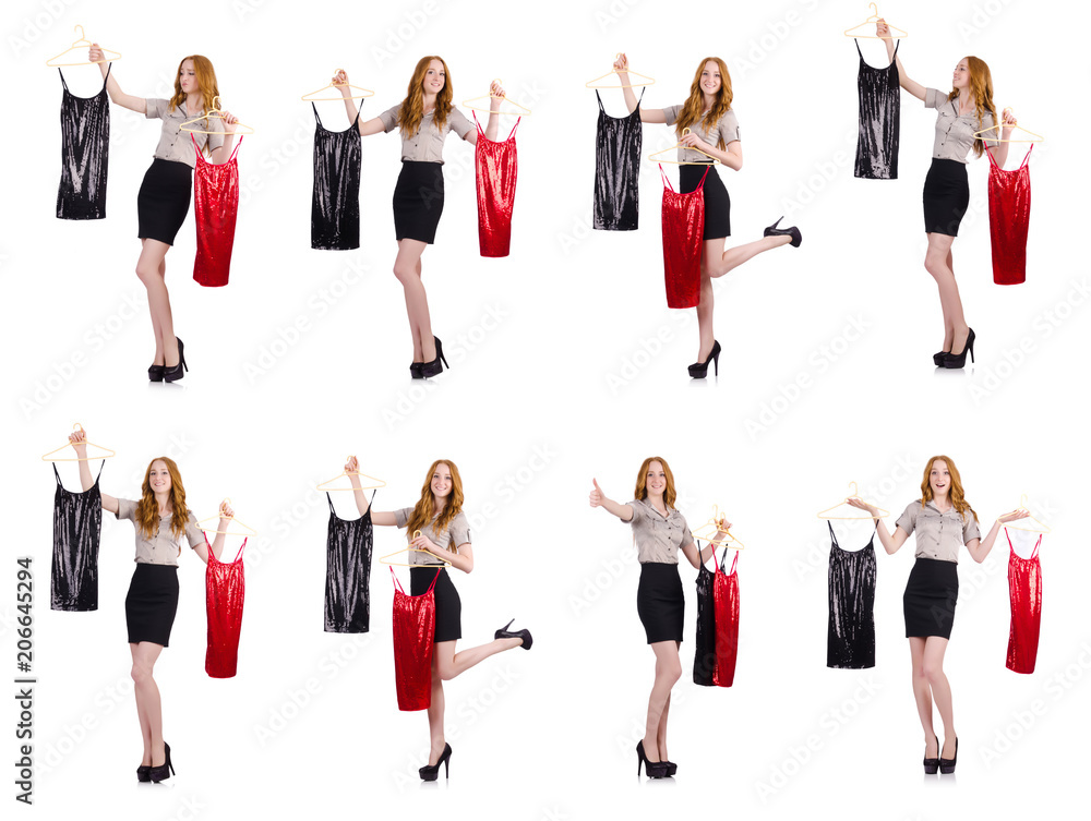 Obraz premium Woman choosing the dress isolated on white