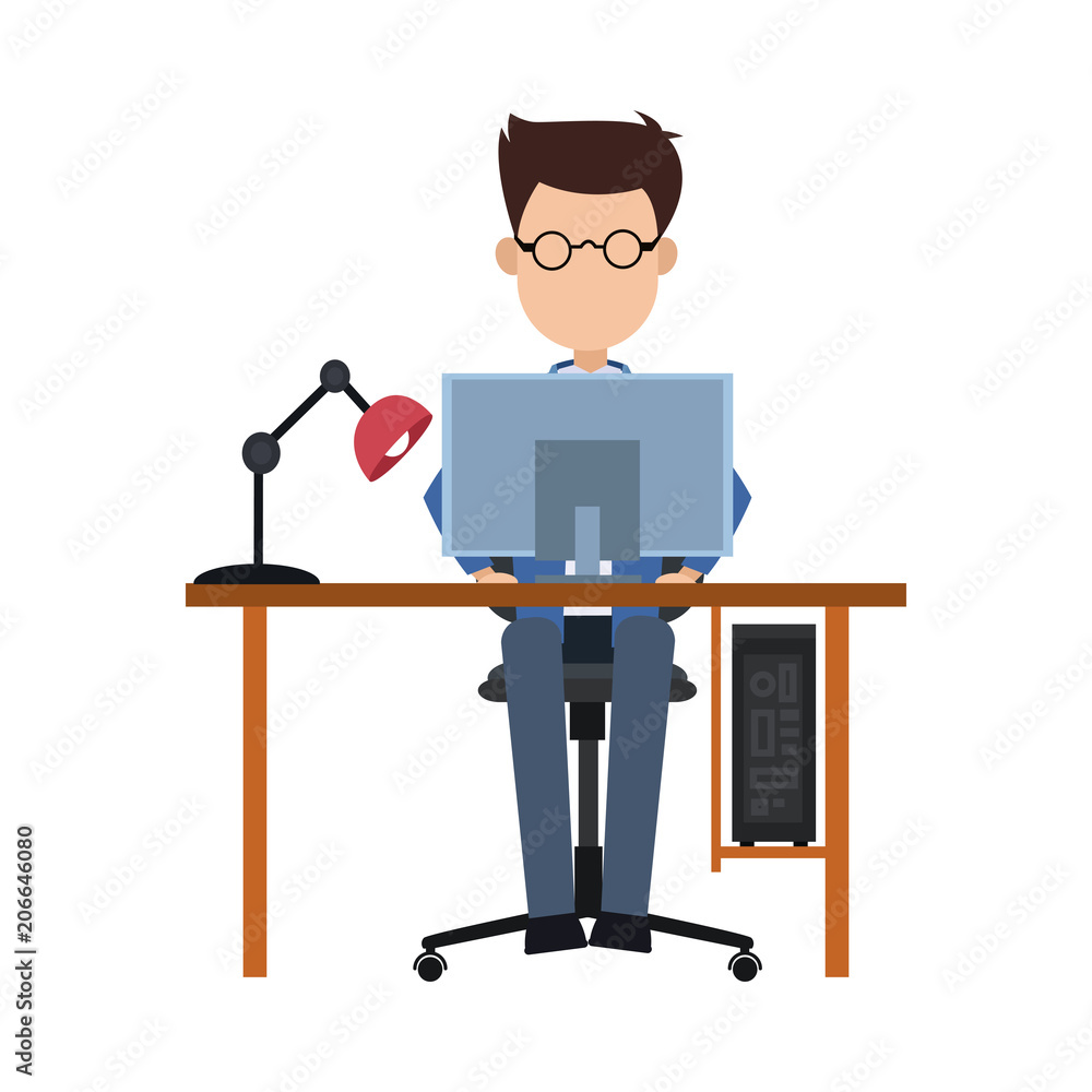 Man working in computer vector illustration graphic design Man working in computer vector illustration graphic design
