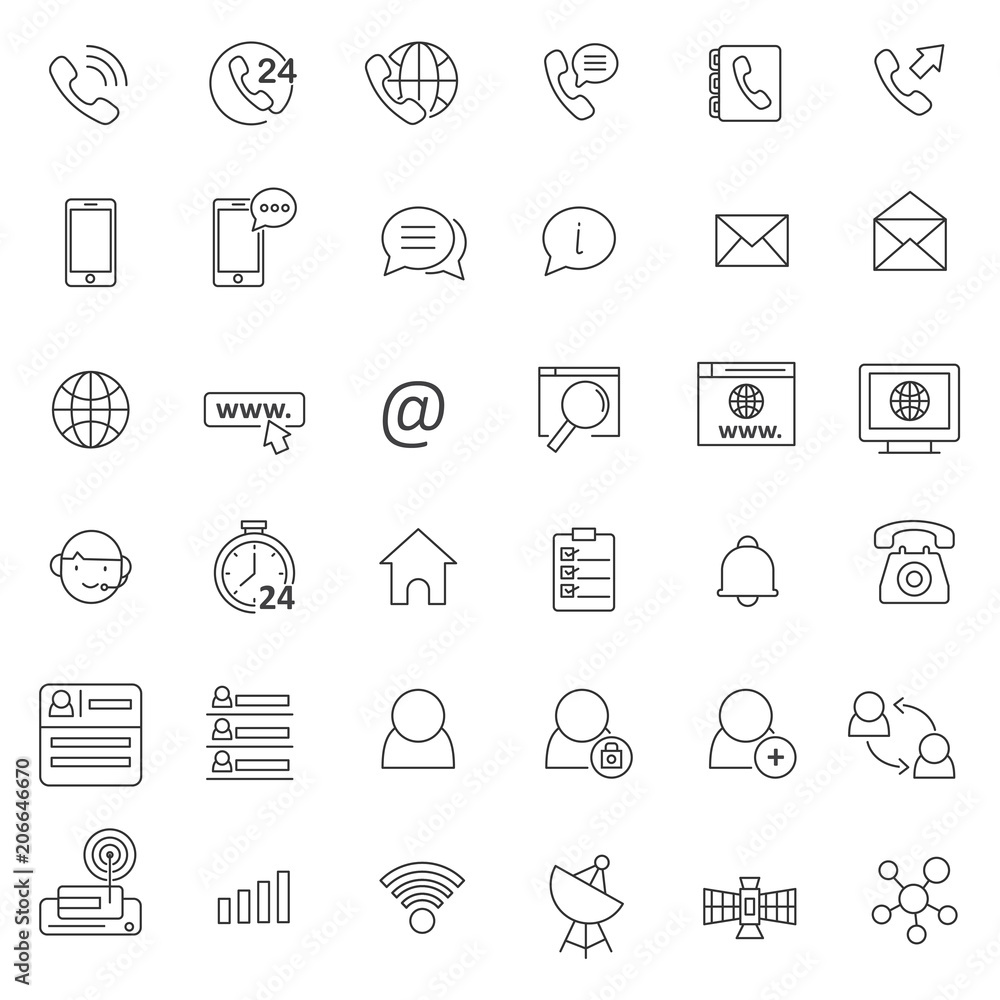 set of contact element icon with thin and simple style use for web and presentation pictogram asset, editable stroke set of contact element icon with thin and simple style use for web and presentation pictogram asset, editable stroke
