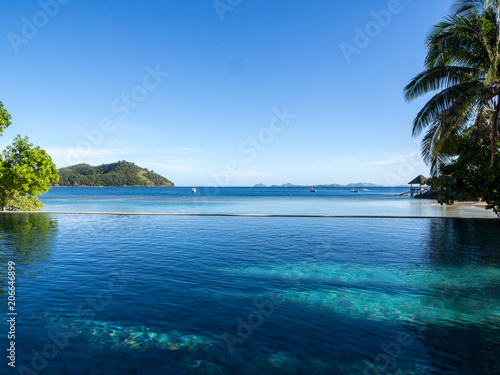Luxury Landscape View of Infinity Pool Out to Sea with Palm Trees and Beach