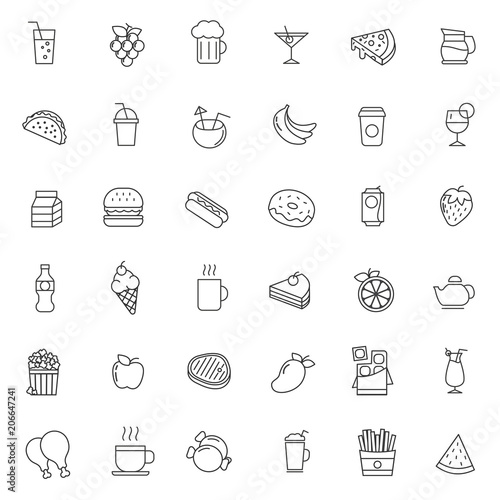 set of popular drink and food line thin icon with modern and simple style, use for web asset or pictogram element.