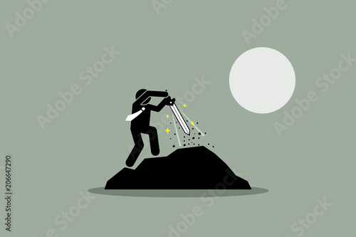 Businessman pulling Excalibur sword out from a rock. Vector illustration depict the concept of destiny, success, prospect, potential, the chosen one, and fate. 