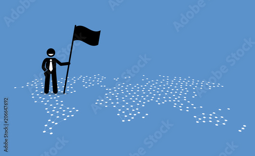 A businessman holding a flag and standing on top of United States of a world map. Vector artwork illustration depicts the concept of business expansion, destination, and location.