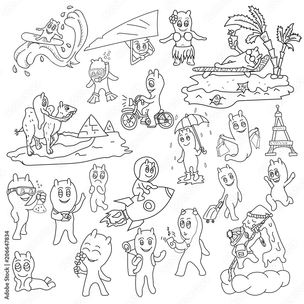 contour illustration of a set of funny little men in Chibi style with horns in different situations contour illustration of a set of funny little men in Chibi style with horns in different situations
