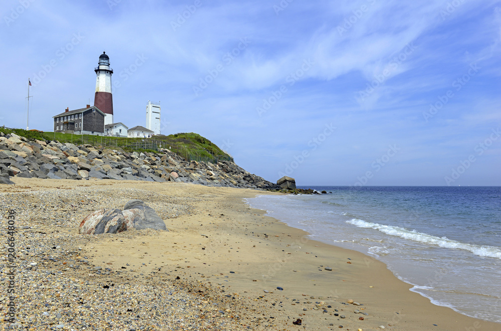 Coastal scene with Montauk Lighthouse on Atlantic Ocean, Long Island, New York