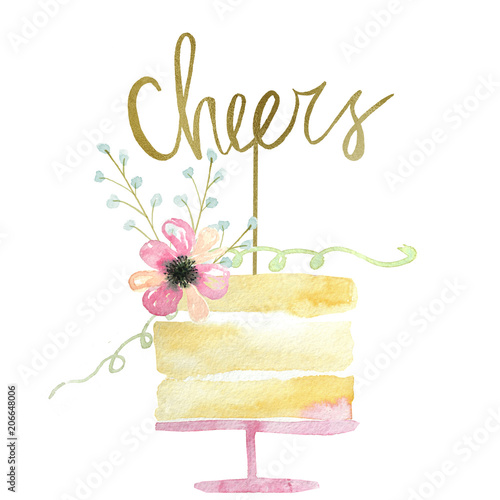 watercolor illustration of cakes with decor elements on white background
