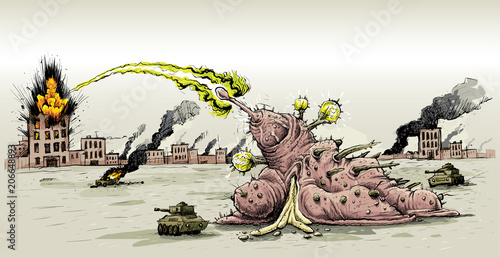 An organic bioweapon, supported by tanks, launches an energy beam attack on a building that explodes on an urban battlefield.