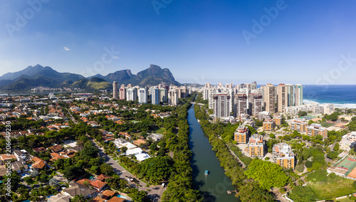 Aerial panorama of Barra da Tijuca near Lucio Costa Bridge on a sunny summer day. Rio de Janeiro.