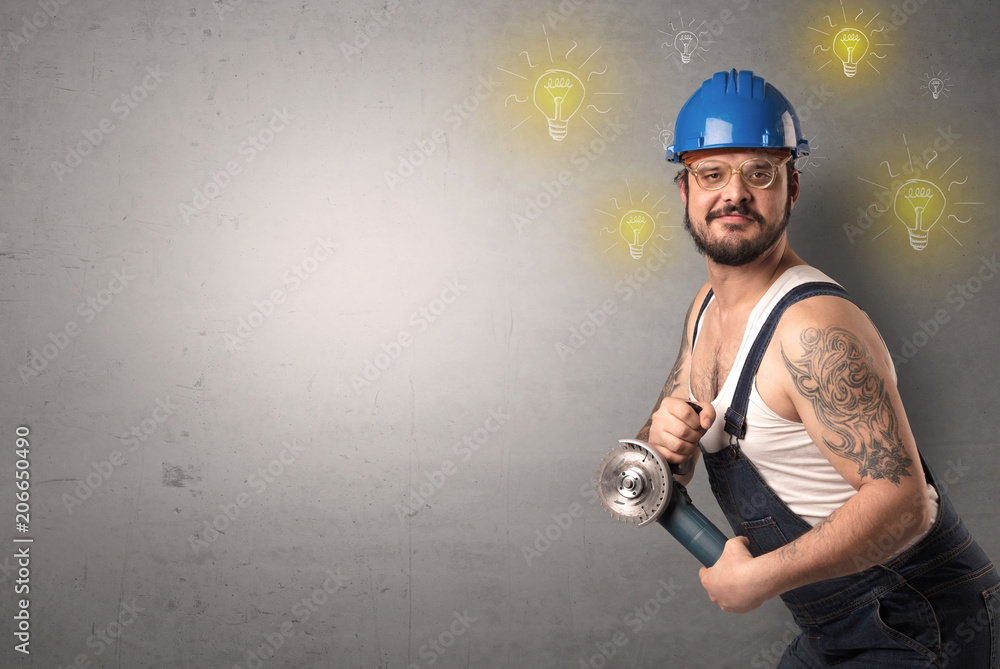 Craftsman with tool and new idea symbol in his hand. Craftsman with tool and new idea symbol in his hand.
