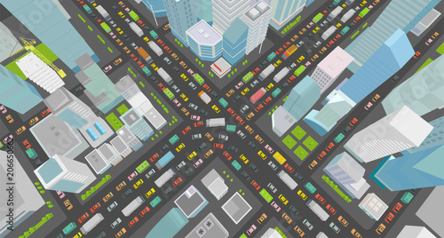City street Intersection traffic jams road 3d. Very high detail projection view. A lot cars end buildings top view Vector illustration