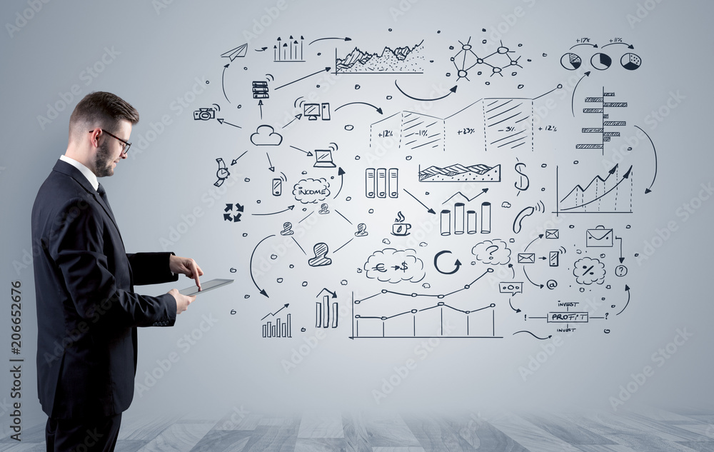 Manager staying and presenting office affairs for someone with graphs, icons reports around
Manager staying and presenting office affairs for someone with graphs, icons reports around