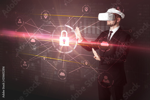 Businessman with DJI goggles controlling 3D illustrated network  and series on the background  