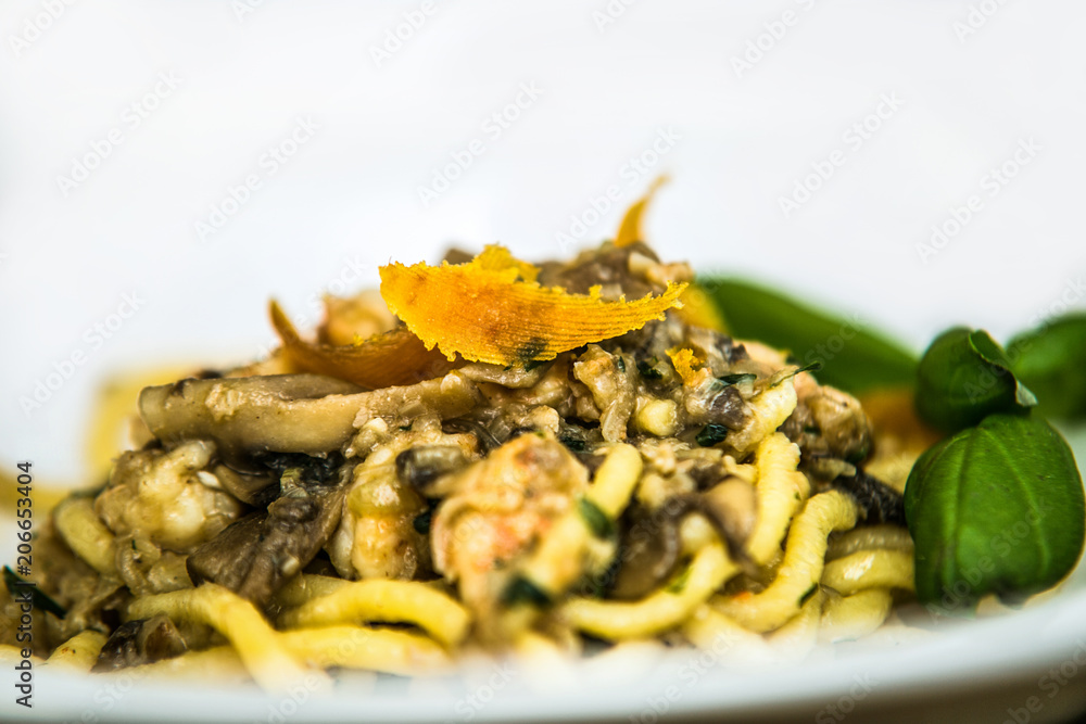 Pasta in souce on plate. Delicious pasta. Food detail.Traditional italian cuisine Pasta in souce on plate. Delicious pasta. Food detail.Traditional italian cuisine