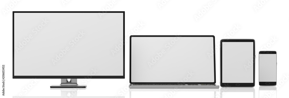 Set of realistic blank monitors. Computer monitor, laptop, tablet and smartphone isolated on white background, copy space. 3d illustration Set of realistic blank monitors. Computer monitor, laptop, tablet and smartphone isolated on white background, copy space. 3d illustration