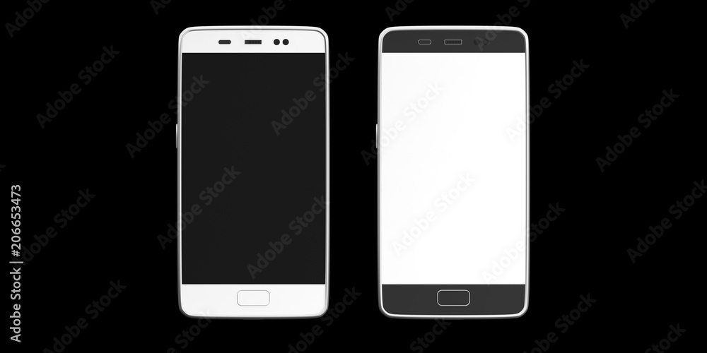 Smartphones with blank white and black screens on black background, top view, copy space. 3d illustration Smartphones with blank white and black screens on black background, top view, copy space. 3d illustration