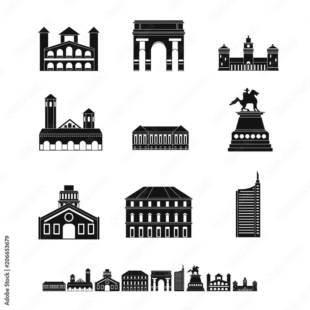 Obraz premium Milan Italy city skyline icons set. Simple illustration of 9 Milan Italy city skyline vector icons for web