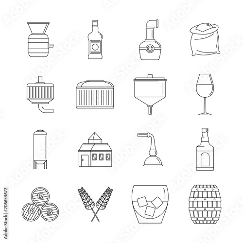 Whisky bottle glass icons set. Outline illustration of 16 whisky bottle glass vector icons for web